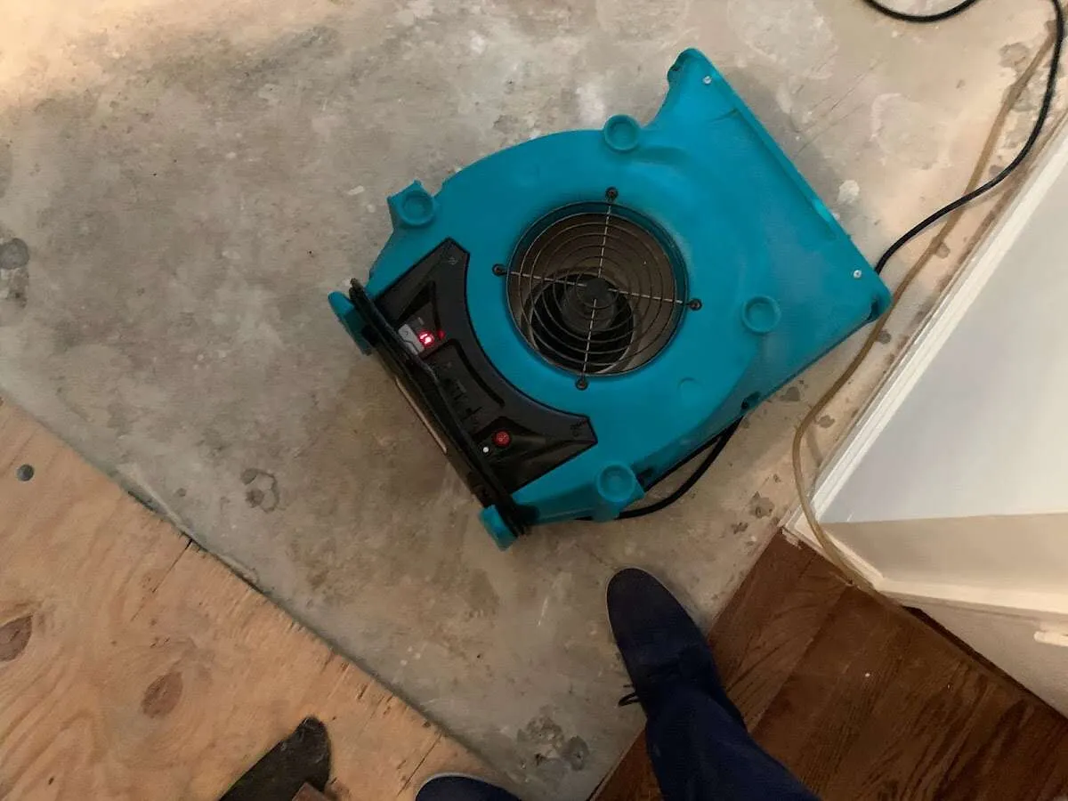 Air mover drying subfloor during Commercial Water Damage Restoration in Burkburnett